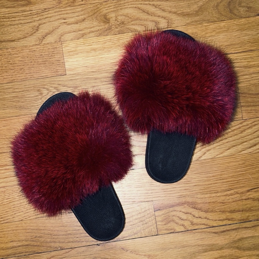100% authentic Fox Fur Slide Sandals Women Wine Dark Red Burgundy FLUFFY! NEW